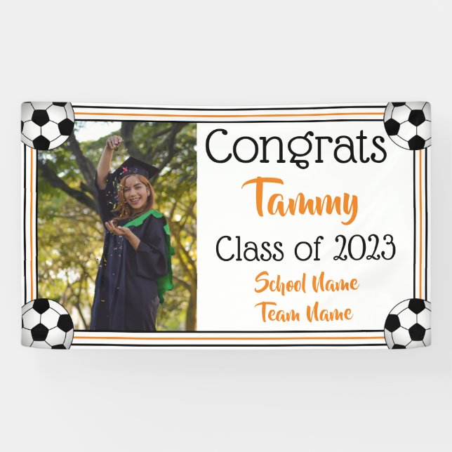 Soccer Orange & Black One Photo Graduation Banner (Horizontal)