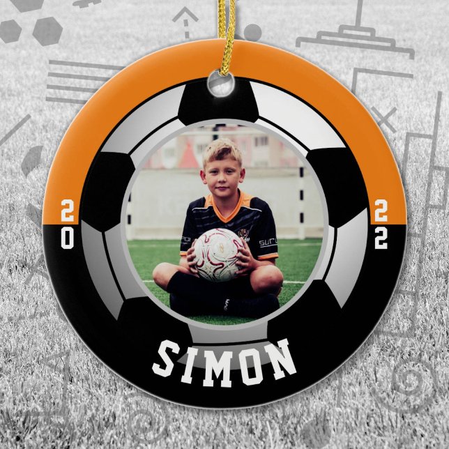 Soccer Orange Black Team Colours Ceramic Tree Decoration (Orange and Black Soccer Let's Go Team Ornament. Celebrate your high school or college athlete.)