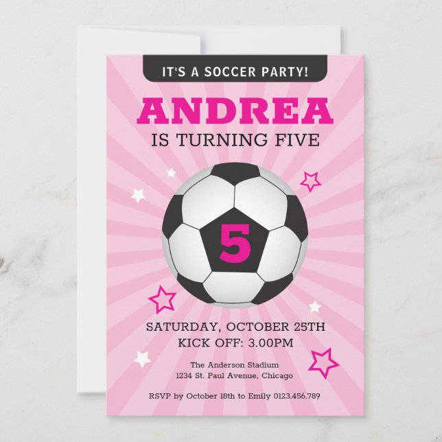 Soccer Party Birthday Invitation Pink (Front)
