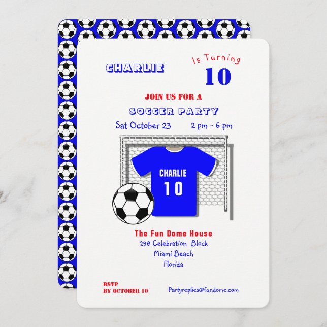 Soccer Party Blue Soccer Shirt Personalised Invitation (Front/Back)