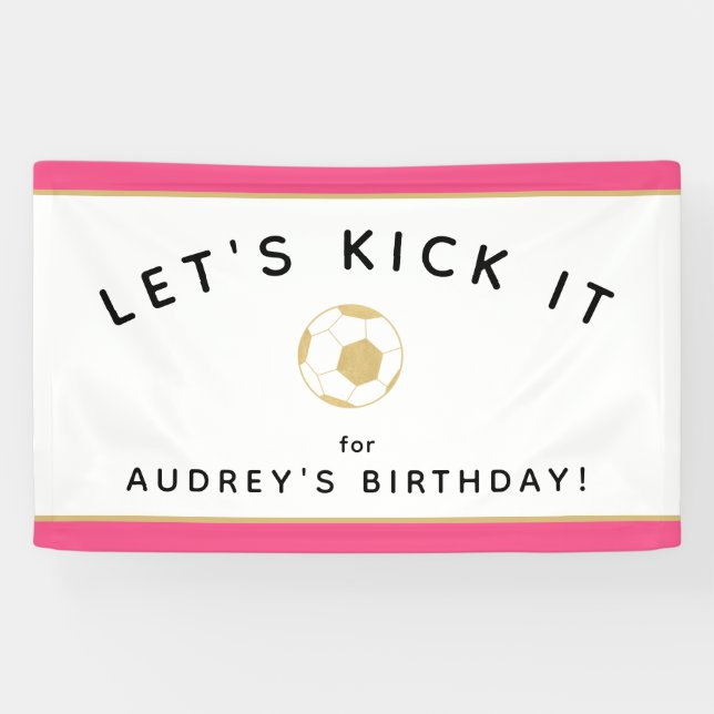 Soccer Party Custom Sign Gold Pink Banner (Horizontal)