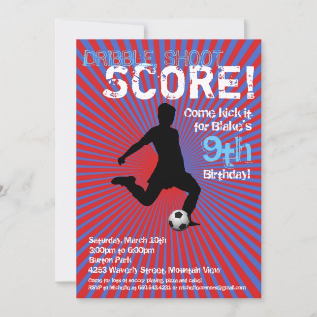 Soccer Party Invitation - Boy, Red and Blue (Front)