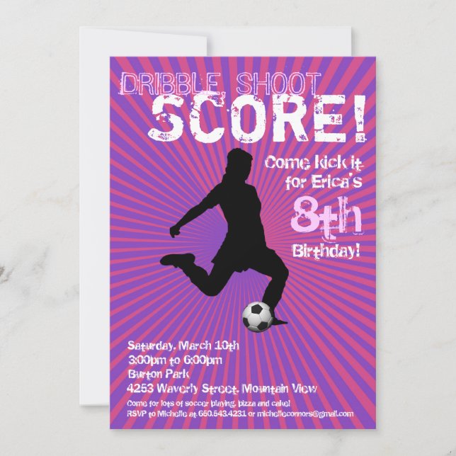 Soccer Party Invitation - Girl, Pink and Purple (Front)