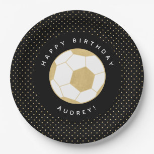 Soccer Party Personalised Name Black Gold Paper Plate