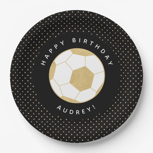Soccer Party Personalised Name Black Gold Paper Plate (Front)
