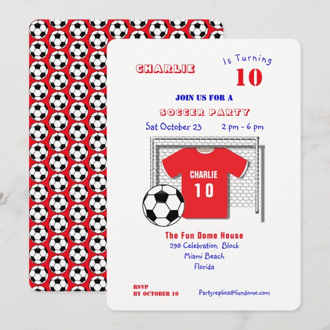 Soccer Party Red Soccer Shirt Personalised Invitation (Front/Back)