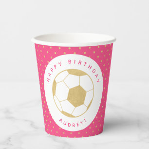 Soccer Party Sports Custom Name in Gold and Pink Paper Cups