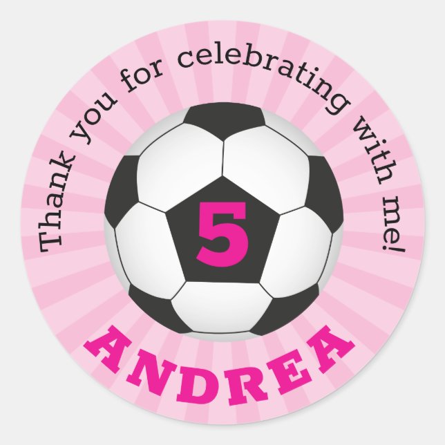 Soccer Party Thank You Round Stickers Pink (Front)