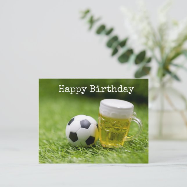Soccer Party with soccer ball and beer birthday  Card (Standing Front)
