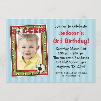 Soccer Photo Birthday Party Blue Invitations