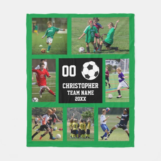 Soccer photo collage green fleece blanket (Front)