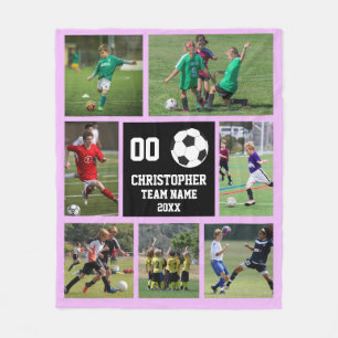 Soccer photo collage purple fleece blanket