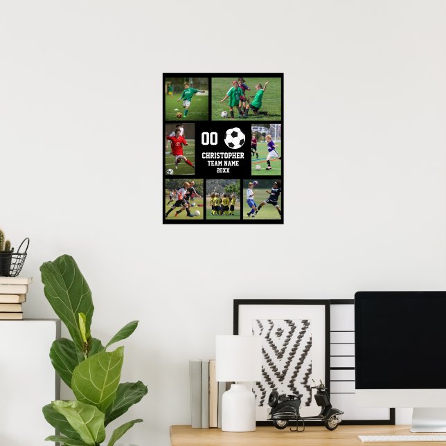 Soccer photo collage team name number black poster (Home Office)