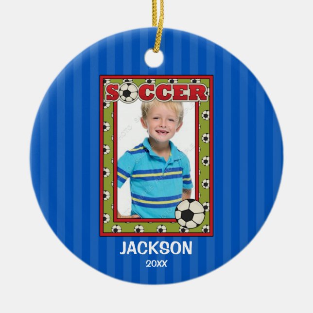 Soccer Photo Frame Kids Personalised Christmas Ceramic Tree Decoration (Front)