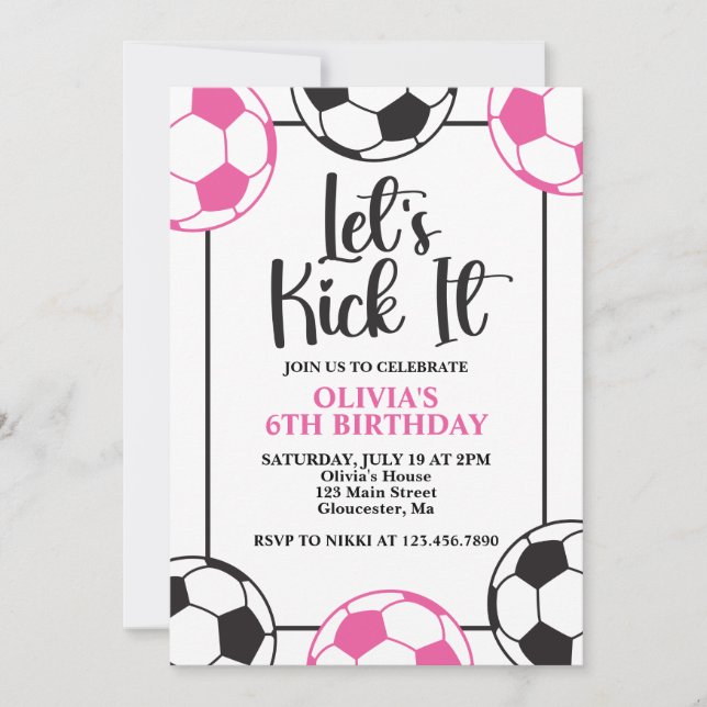 Soccer Pink and Black Birthday Invitation (Front)