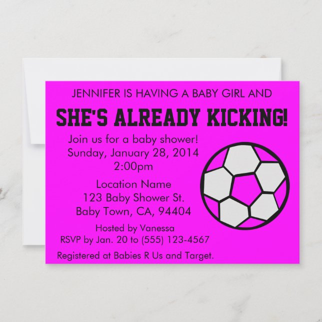Soccer Pink Baby Shower Invitation, Customisable Invitation (Front)