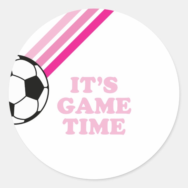 Soccer Pink Stripes Game Time Birthday Classic Round Sticker (Front)