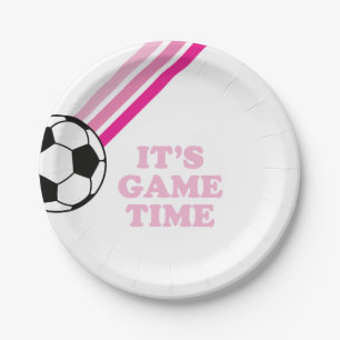 Soccer Pink Stripes Game Time Birthday Paper Plate