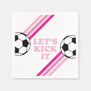 Soccer Pink Stripes Let's Kick It Birthday Napkin