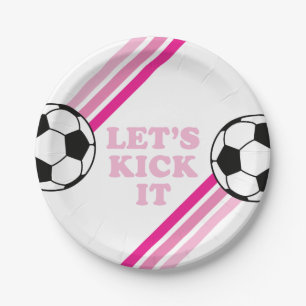 Soccer Pink Stripes Let's Kick It Birthday Paper Plate