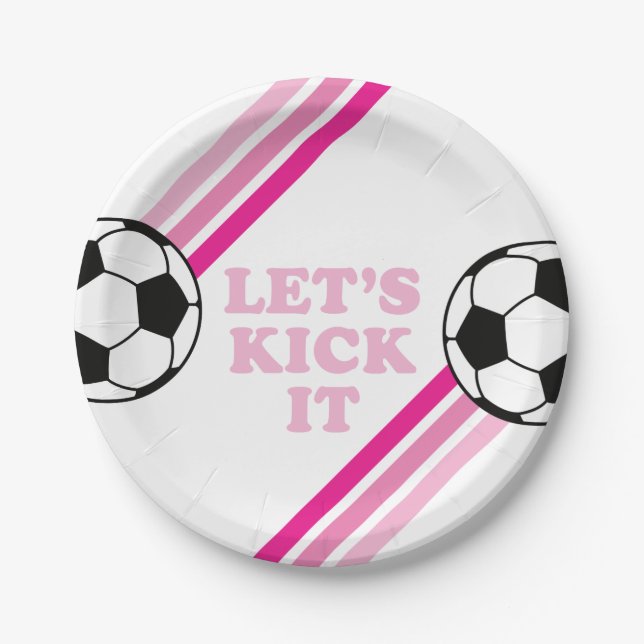 Soccer Pink Stripes Let's Kick It Birthday Paper Plate (Front)