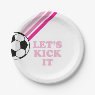 Soccer Pink Stripes Let's Kick It Birthday Paper Plate