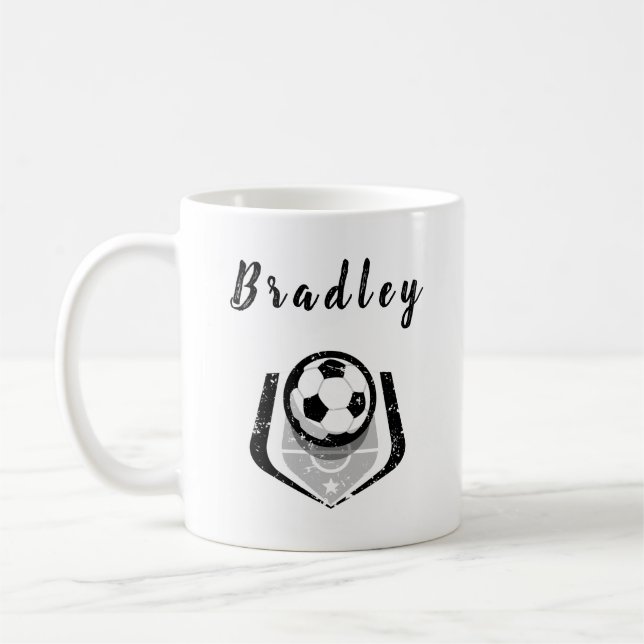 Soccer Player Black White Distressed Personalised Coffee Mug (Left)