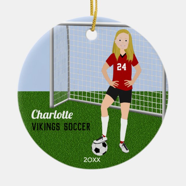 Soccer Player Blond In Red Ceramic Tree Decoration (Front)
