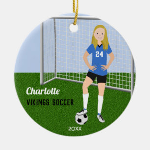 Soccer Player Blonde In Blue Ceramic Tree Decoration