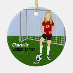 Soccer Player Blonde In Red Ceramic Tree Decoration