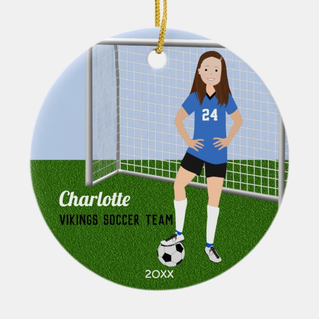 Soccer Player Brunette In Blue Ceramic Tree Decoration (Front)