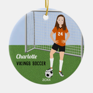 Soccer Player Brunette In Orange Ceramic Tree Decoration
