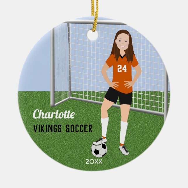 Soccer Player Brunette In Orange Ceramic Tree Decoration (Front)