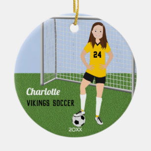 Soccer Player Brunette In Yellow and Black Ceramic Tree Decoration