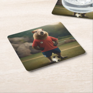 Soccer Player Capybara,  Square Paper Coaster