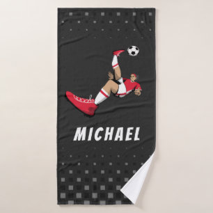 Soccer Player Kick Illustration Personalised Black Bath Towel