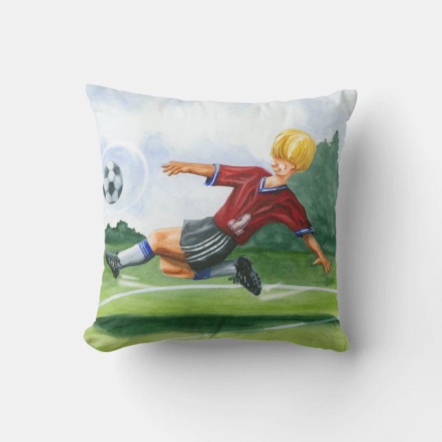 Soccer Player Kicking a Ball by Jay Throckmorton Cushion (Front)