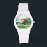 Soccer Player Kicking a Ball by Jay Throckmorton Watch<br><div class="desc">A soccer ball hangs in the air,  waiting for the vicious kick the player is winding up to deliver. Can he bend it like Beckham? A lovely piece to hang on your wall or give as a gift to the soccer aficionado in your life!</div>