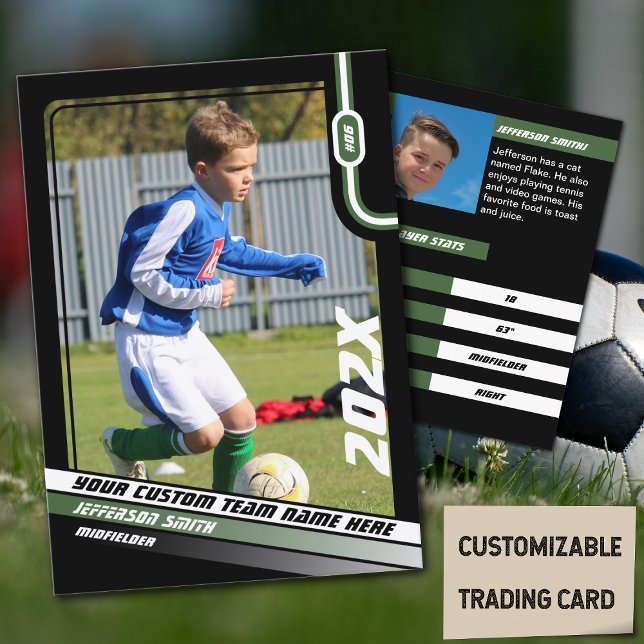 Soccer Player Trading Card in Black Green (Soccer Player Trading Card in Black with Custom Team Name and Green White Elements)