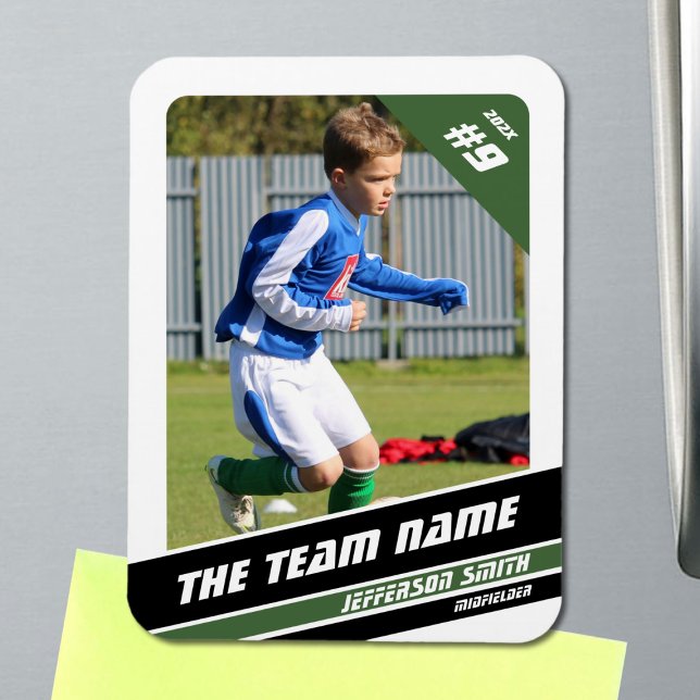 Soccer Player Trading Card in Vigourous Green Whit Magnet (Soccer Player Magnet in White with Custom Team Name and Green Black Elements)