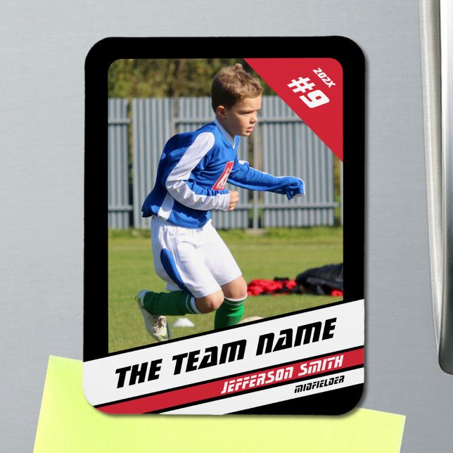Soccer Player Trading Card in Vigourous Red Black Magnet (Soccer Player Magnet in Black with Custom Team Name and Red White Elements)