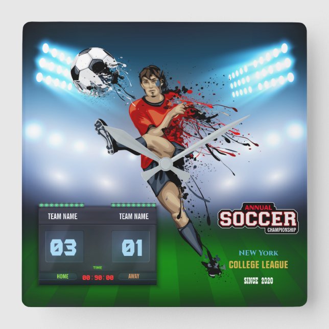 Soccer player with electronic sports scoreboard square wall clock (Front)