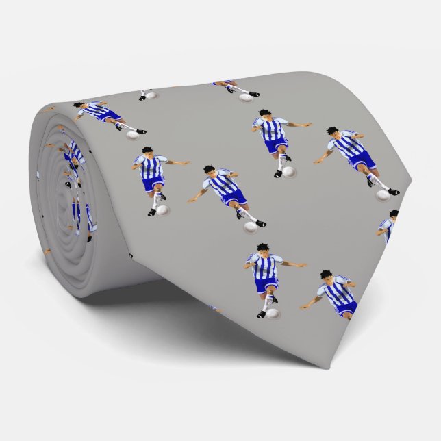 Soccer Players Kicking Ball Blue Uniform Tie (Rolled)
