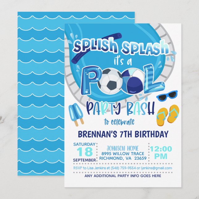 Soccer Pool Party Invitation - Boy (Front/Back)