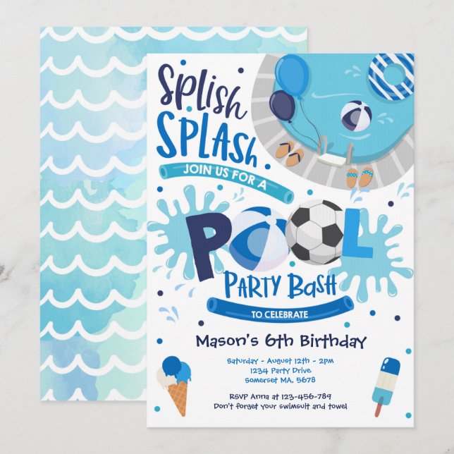 Soccer Pool Party Splish Splash Pool Birthday Invitation (Front/Back)