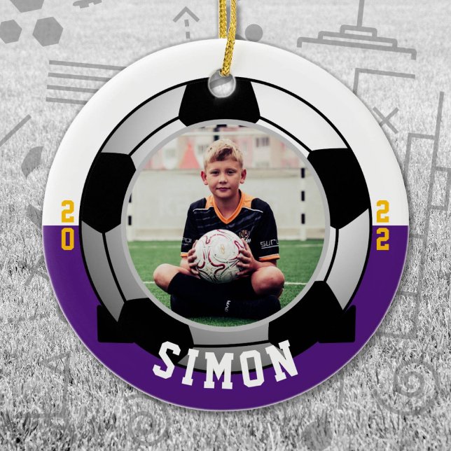 Soccer Purple White Team Colours Ceramic Tree Decoration (Purple and White Soccer Let's Go Team Ornament. Celebrate your high school or college athlete.)