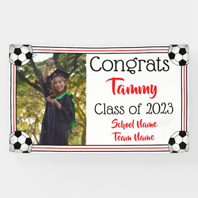 Soccer Red & Black One Photo Graduation Banner (Horizontal)