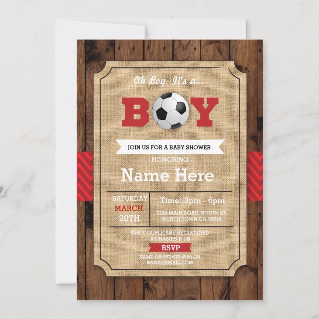 Soccer Red Boy Baby Shower Wood Football Invite (Front)