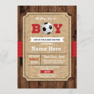 Soccer Red Boy Baby Shower Wood Football Invite