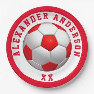 Soccer Red Name and Jersey Personalise   Paper Plate